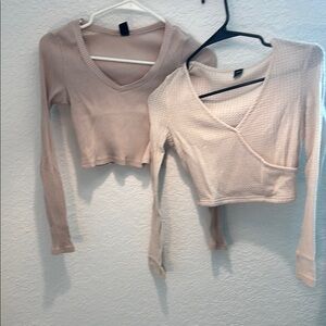 SHEIN Cream V-Neck Ribbed Blouses